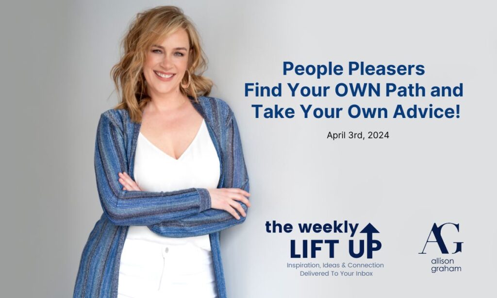 people pleasers take your own advice picture of Allison Graham leaning against a wall with a white shirt and white jeans and a blue cardigan