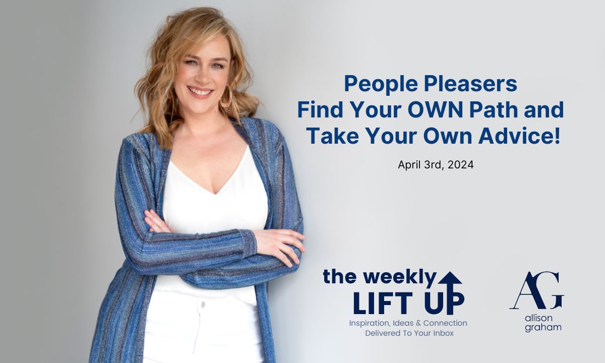 people pleasers take your own advice picture of Allison Graham leaning against a wall with a white shirt and white jeans and a blue cardigan