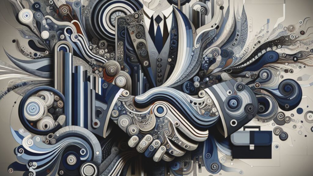 abstract AI generated image of two hands shaking and a suit and tie really it's just a lot of nothing to illustrated the complexities of stress