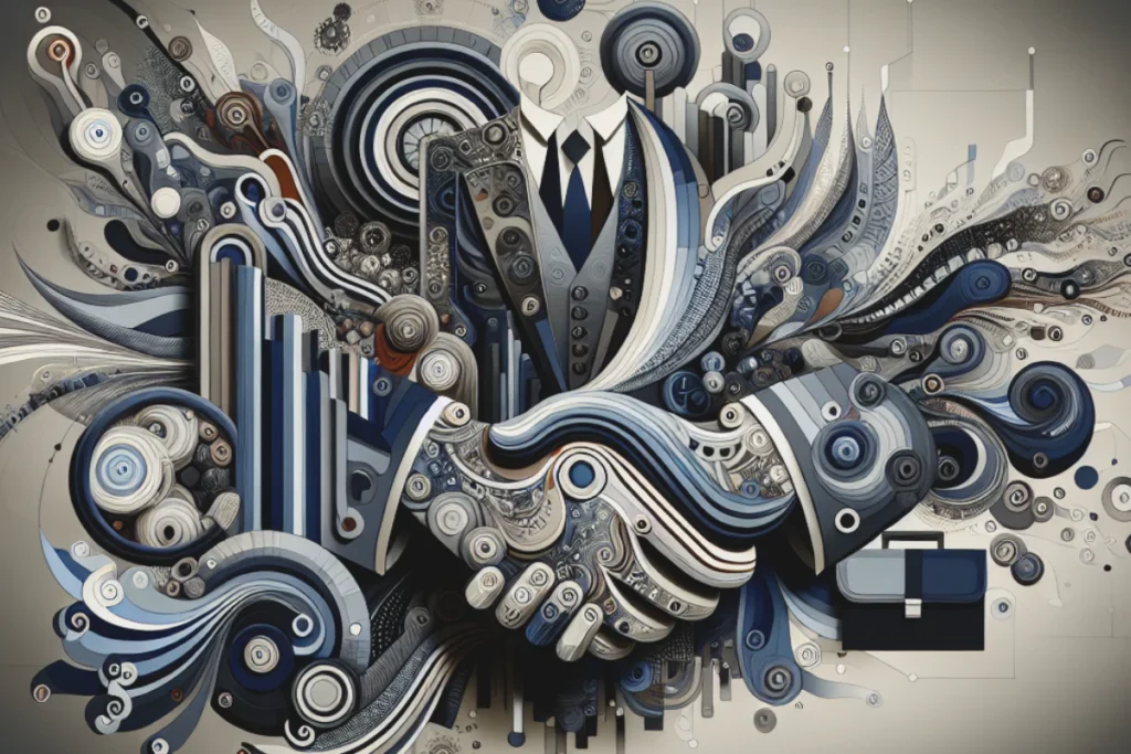 Abstract digital art of a figure in a suit surrounded by swirling patterns representing the complexity of modern stress